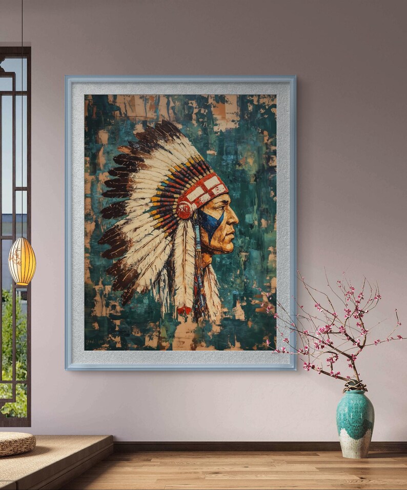 Native American Chief Portrait Art: Tribal Headdress, Teal Abstract ...