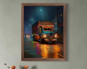 Vintage Pakistaanse vrachtwagen kunst nacht kunst aan de muur print | Kleurrijk versierde vrachtwagen Rainy Street op perkament, instant digitale download