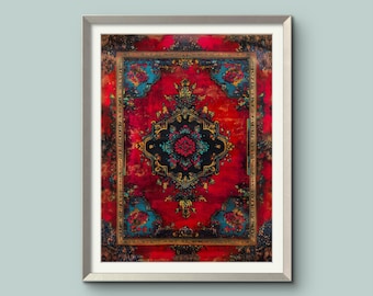 Red Persian Rug Print: Boho Islamic Wall Art (Digital Download)