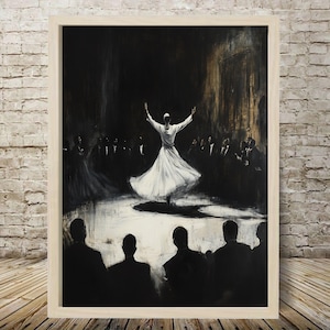 Whirling Dervish Sufi Dance, Spiritual Islamic Art, Mystical Black and White Painting, Turkish Sufi art, Islamic mysticism wall painting