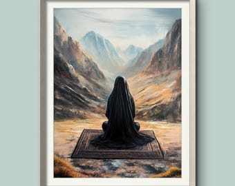 Arte de oración musulmana: Mujer con hiyab, paisaje montañoso (Descarga digital)