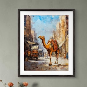 May include: A painting of a camel walking through a narrow street in a city. The camel is brown and has a saddle on its back. The street is lined with buildings on both sides. The painting is done in a realistic style and has a warm color palette.