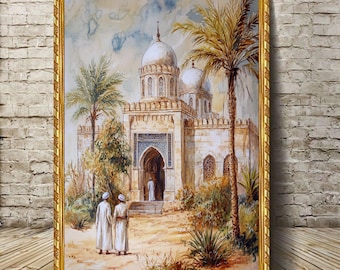 May include: A watercolor painting of a mosque with two minarets and a courtyard. The mosque is painted in shades of white and beige, with blue accents. There are palm trees and other greenery in the courtyard. Two people are walking towards the mosque.
