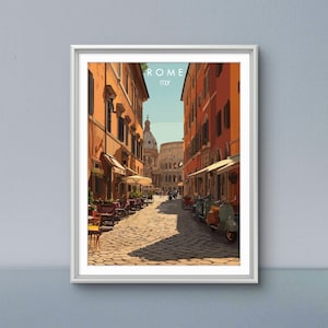 Rome Italy Poster: Vector Art Colosseum & Cafe Scene (Digital Download)