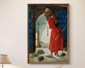 May include: A framed print of an orientalist painting. A man in a red robe and turban stands in an arched doorway, looking at several turtles on the floor. The background features blue and gold tilework.