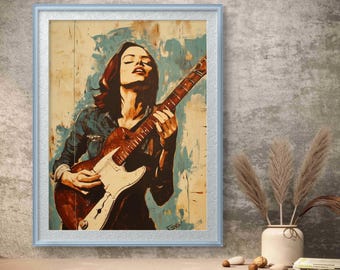 Electric Guitar Girl Art Print: Retro Rock and Roll Portrait (Digital Download)