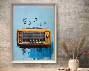 May include: An abstract painting of a vintage radio in a white frame. The radio is a warm yellow-orange color with black accents and musical notes floating above it against a blue background. The artwork is displayed on a table.