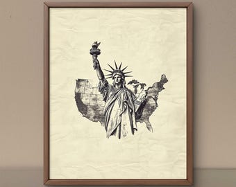 Statue of Liberty USA Map Art: Vintage Patriotic Poster (Digital Download)