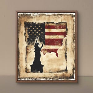 Freiheitsstatue Wand Kunst USA Karte druckbar, Vintage amerikanische Flagge Grunge Dekor, patriotischer Unabhängigkeitstag Digitaldruck