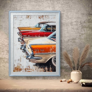 Vintage Car Tailfins Digital Art – Retro Car Rear View Print for Garage, Man Cave, or Auto Room, Mid-Century Classic Poster Download
