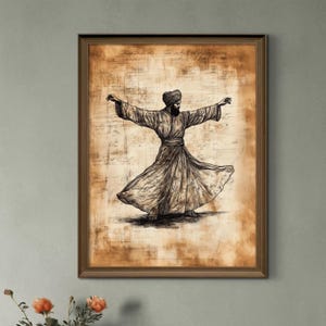 Whirling Dervish Vintage Islamic Sufi Art Printable – Spiritual Turkish Dancer Sketch with Aged Calligraphy Background, Digital Download