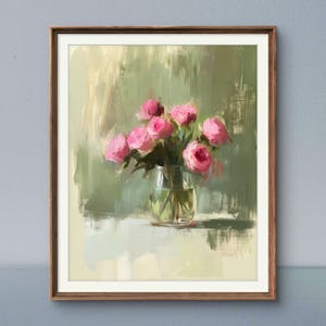 Pink Rose Vase Art: Romantic Impressionist Floral Painting (Digital Download)