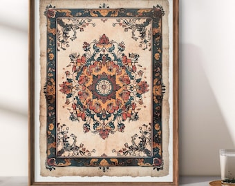 Vintage Perzisch tapijt kunst aan de muur | Oosterse tapijtprint | Antieke textielillustratie | Boho-huisdecoratie | Digitale download