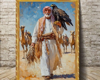 Puede incluir: Una pintura de un hombre con ropa tradicional sosteniendo un halcón en su brazo. Él está caminando con dos camellos en el fondo. La pintura está ambientada en un paisaje desértico.