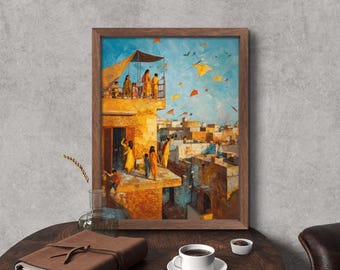 Vintage Rooftop Kite Flying in Lahore Wall Art Print | Basant Festival Pakistan Cultural Scene on Parchment, Instant Digital Download