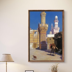 Día caluroso en El Cairo con camellos y minaretes: lámina de arte mural orientalista vintage, escena de Oriente Medio, decoración histórica de El Cairo, mezquita vintage