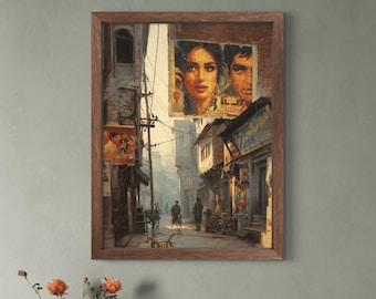 Impresión artística vintage de la calle de Lollywood en Lahore / Póster de cine pakistaní de los años 90 con escena de callejón en pergamino, descarga digital instantánea