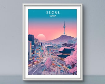 Impresión artística del paisaje urbano de Seúl: Torre Namsan y cerezos en flor (descarga digital)