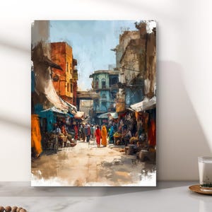Pode incluir: Impressão em tela retratando uma cena de mercado movimentada. A obra de arte apresenta uma rua movimentada com vendedores, compradores e edifícios coloridos em tons de laranja, azul e marrom. Figuras com roupas brilhantes contribuem para a atmosfera animada.