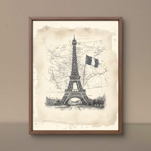 Eiffelturm druckbare Wandkunst, Vintage Paris Karte Skizze, Französische Flagge Tintenzeichnung, Frankreich Reiseplakat, Schwarzweiße Pariser Dekoration