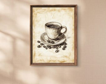 Vintage Kaffeetasse Wandkunst | Rustikale Kaffeebohne Illustration | Antik Style Kitchen Decor | Digitaler Download