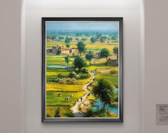 May include: A framed landscape painting depicting a rural scene with a winding path, trees, and buildings. The artwork features a palette of greens, yellows, and blues, with figures and livestock scattered throughout the fields.
