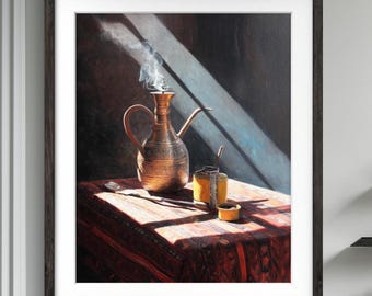 May include: A framed still life painting depicts a copper coffee pot with steam rising from its spout, a small cup, and a spoon on a table covered with a patterned red cloth. The scene is illuminated by a shaft of sunlight.