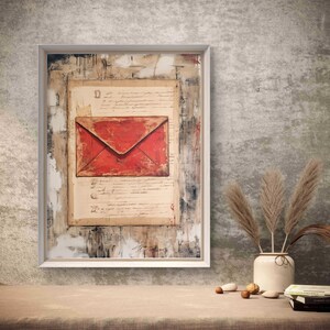 Peut inclure: Une œuvre d'art encadrée représentant une enveloppe rouge vintage sur du papier vieilli avec une écriture manuscrite. L'œuvre a un fond texturé et vieilli avec un cadre blanc. L'esthétique générale est rustique et nostalgique.
