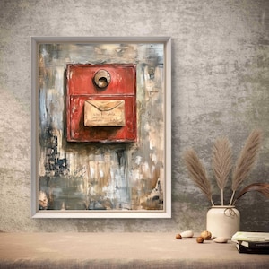 May include: An abstract painting of a red mailbox with a brass handle and a letter. The artwork is framed in white and features a textured background with shades of gray, brown, and blue. The painting evokes a vintage aesthetic.
