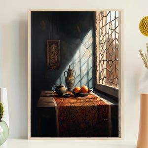 May include: A still life painting depicting a dark wooden table with a red and gold patterned tablecloth. A silver pitcher, a brown teapot, a bowl of oranges, and a small plate are arranged on the table. The scene is illuminated by a beam of sunlight streaming through a window with a stained glass design.