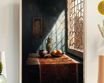 May include: A still life painting of a dark wooden table with a red and gold patterned tablecloth. A silver pitcher, a brown teapot, a bowl of oranges, and a small plate are arranged on the table. The scene is lit by a beam of sunlight coming through a window with a stained glass design.