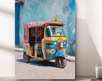 May include: A colorful, artistic rendering of an auto rickshaw, or tuk-tuk, with vibrant floral patterns and a yellow and blue color scheme. The vehicle has a decorative top and is parked on a gray surface against a blue wall. The number 141231 is visible.
