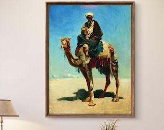 Orientalist Desert Arab on Camel Painting: Vintage Middle Eastern Art (Digital Download)