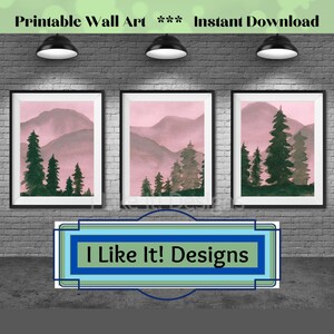 Pink Watercolor Misty Mountain Wall Decor Set of 3 Wall Art Unframed Printable Instant Download PDF JPG,Forest Scene,Nature,Landscape,Trees