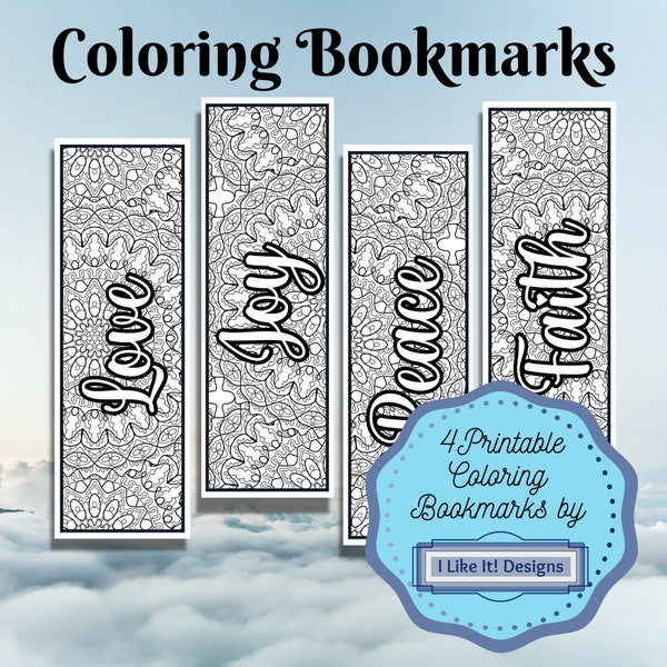 4 Printable Coloring Bookmarks with mandala pattern,Love Joy Peace Faith,Sunday School activity,School Activity,Kids Coloring Project