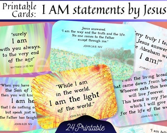 24 Printable Scripture Cards I AM statements by Jesus NIV,Scripture Memory Cards Bookmarks,Bible Journaling,Abstract Art with Bible Verses