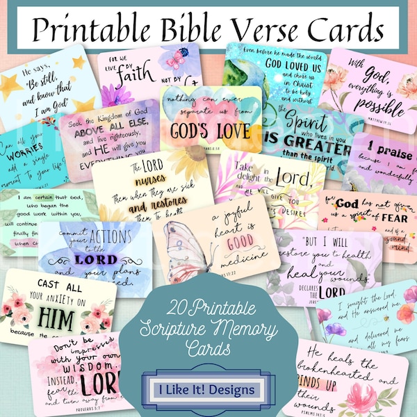 20 Encouraging Bible Verse Printable Cards,Printable Scripture Note Cards Bookmarks,Scripture Memorization,Bible Journaling,Watercolor