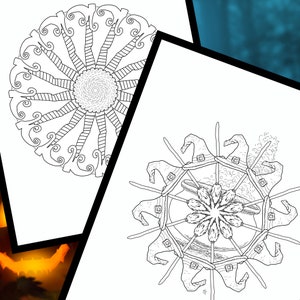 May include: A black and white line art illustration of a witch's cauldron surrounded by eight broomsticks with witch hats on the ends. The cauldron is filled with bubbles and a flower design in the centre.