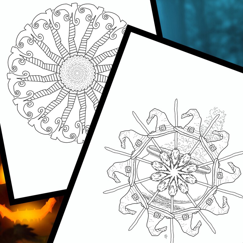 May include: A black and white line art illustration of a witch's cauldron surrounded by eight broomsticks with witch hats on the ends. The cauldron is filled with bubbles and a flower design in the centre.
