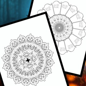 May include: Black and white printable Halloween mandala colouring page featuring a circular design of jack-o'-lantern faces.