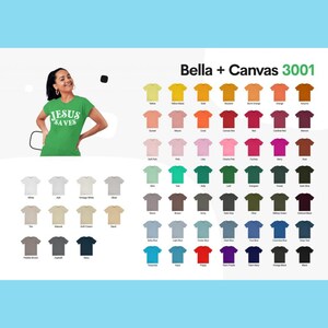 Pu&ograve; includere: Una tabella che mostra i colori delle magliette Bella + Canvas 3001. La tabella mostra 60 colori diversi, tra cui bianco, nero, rosso, blu, verde, giallo e marrone. La tabella &egrave; etichettata con il nome del colore e il numero di colore della maglietta Bella + Canvas 3001.
