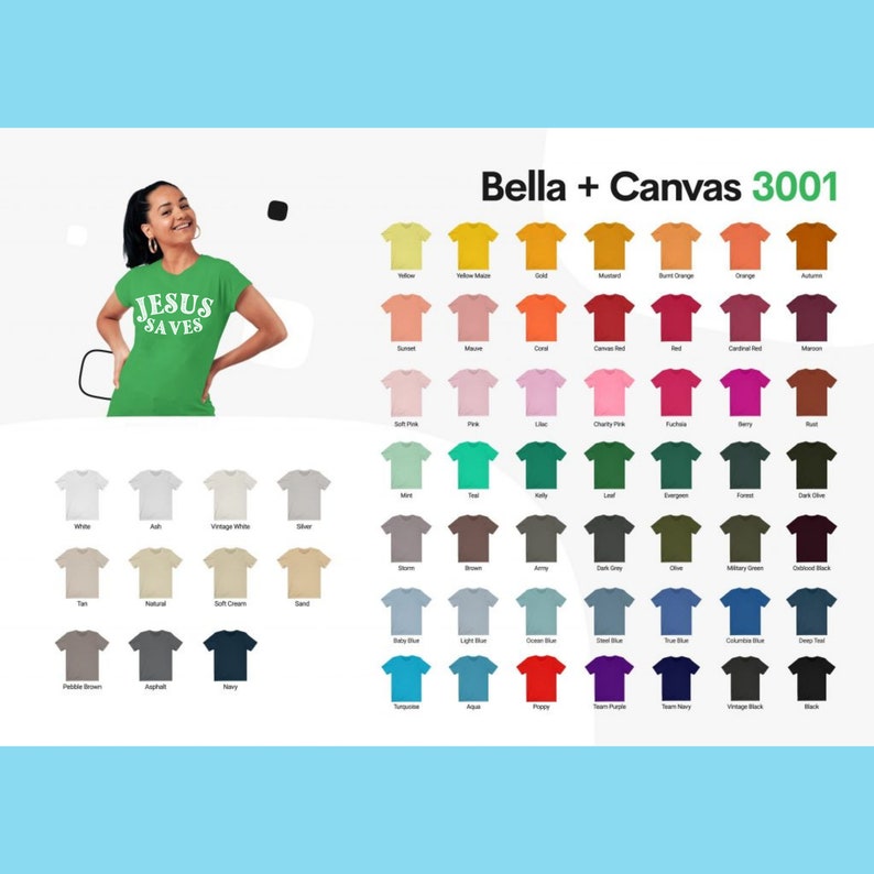 Pu&ograve; includere: Una tabella che mostra i colori delle magliette Bella + Canvas 3001. La tabella mostra 60 colori diversi, tra cui bianco, nero, rosso, blu, verde, giallo e marrone. La tabella &egrave; etichettata con il nome del colore e il numero di colore della maglietta Bella + Canvas 3001.