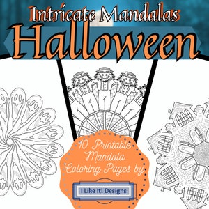 May include: A set of 10 printable Halloween mandala colouring pages. The pages feature intricate designs of ghosts, scarecrows, and haunted houses. The text "10 Printable Mandala Colouring Pages by I Like It! Designs" is included on the image.