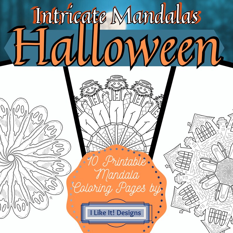 May include: A set of 10 printable Halloween mandala colouring pages. The pages feature intricate designs of ghosts, scarecrows, and haunted houses. The text "10 Printable Mandala Colouring Pages by I Like It! Designs" is included on the image.