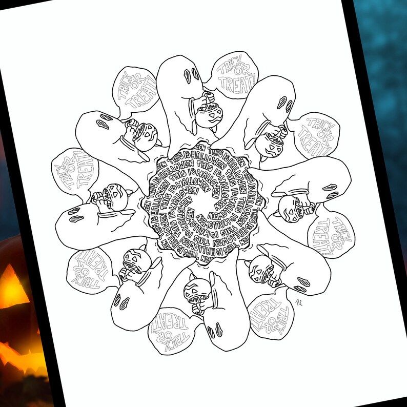 May include: Black and white colouring page featuring a mandala design with ghosts and the words "Trick or Treat" repeated around the circle.