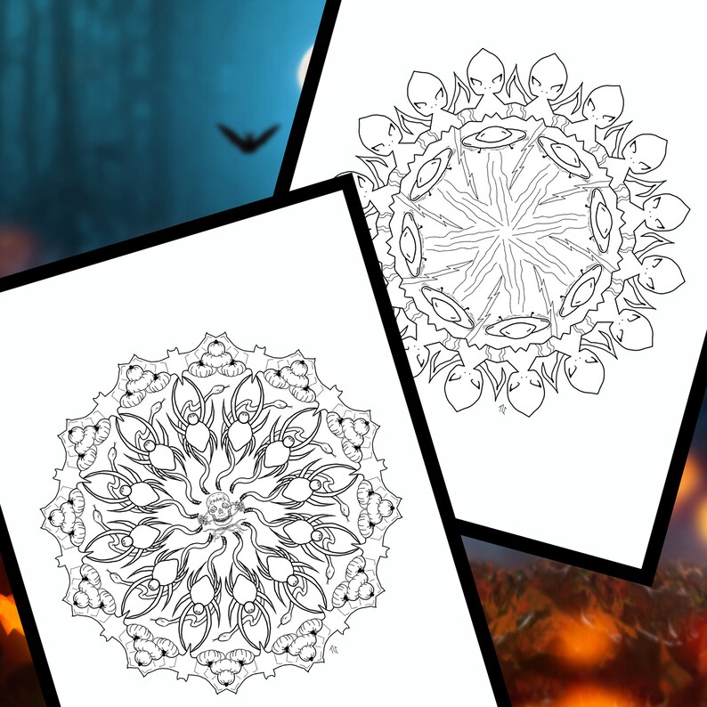 May include: Two black and white mandala designs. The first design features a circular pattern of spiders and webs. The second design features a circular pattern of stylised eyes.