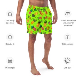 Groene achtergrond met Pineapple Graphics Zwembroek voor mannen, leuke duurzame zwembroek, sneldrogende ademende herenbroek in alle maten
