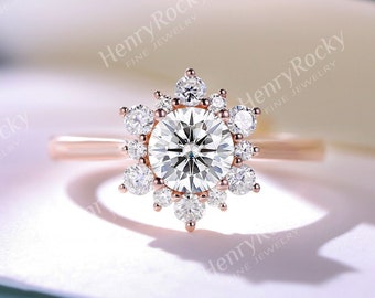 Vintage Moissanite engagement ring Antique art deco rose gold Round cut ring Halo Snowflake ring Unique Bridal ring Anniversary Promise ring