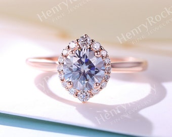 Vintage azul gris Moissanite anillo de compromiso art deco anillo de oro rosa / anillo de boda de diamante único / anillo nupcial / anillo de aniversario de promesa