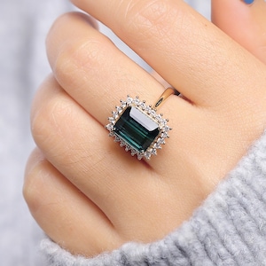 Tourmaline Engagement Ring Women Yellow Gold | Antique Emerald cut Bridal Jewelry | Delicate Halo Moissanite Ring | Anniversary Gift for Her